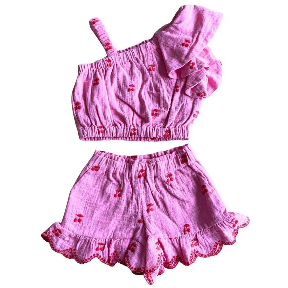 Finding Foxtale Girl's Pink Cherry 100% Cotton Muslin‎ Ruffle Outfit - Size 2